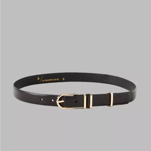 Anthropologie Black Belt with Gold Buckle Anthropologie KEEPER BELT GOLD HARDWARE BLACK LEATHER L  main image 3